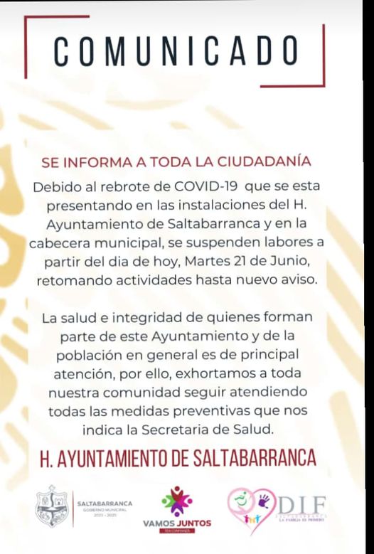 Ayuntamiento de Saltabarranca, el primero en suspender actividades por rebrote de coronavirus