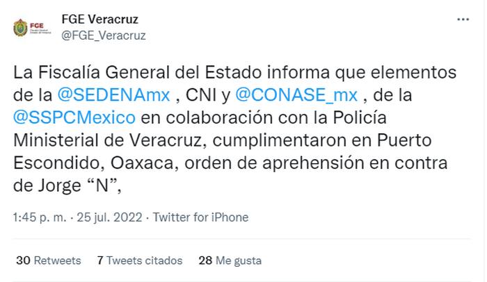¡Confirmado! Fiscalía de Veracruz confirma detención de Jorge «N»