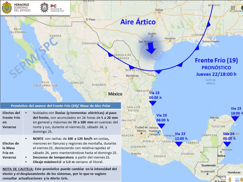 Continúan lluvias y bajas temperaturas por frente frío 18 en Veracruz