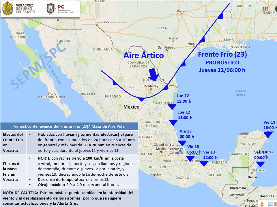 Bajas temperaturas y lluvias llegarán a Veracruz por Frente Frío 23
