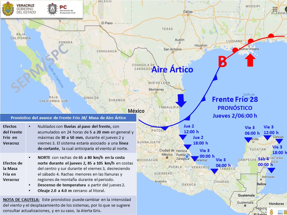 Se acerca el Frente Frío 28 a Veracruz, traerá descenso de temperatura y lluvias