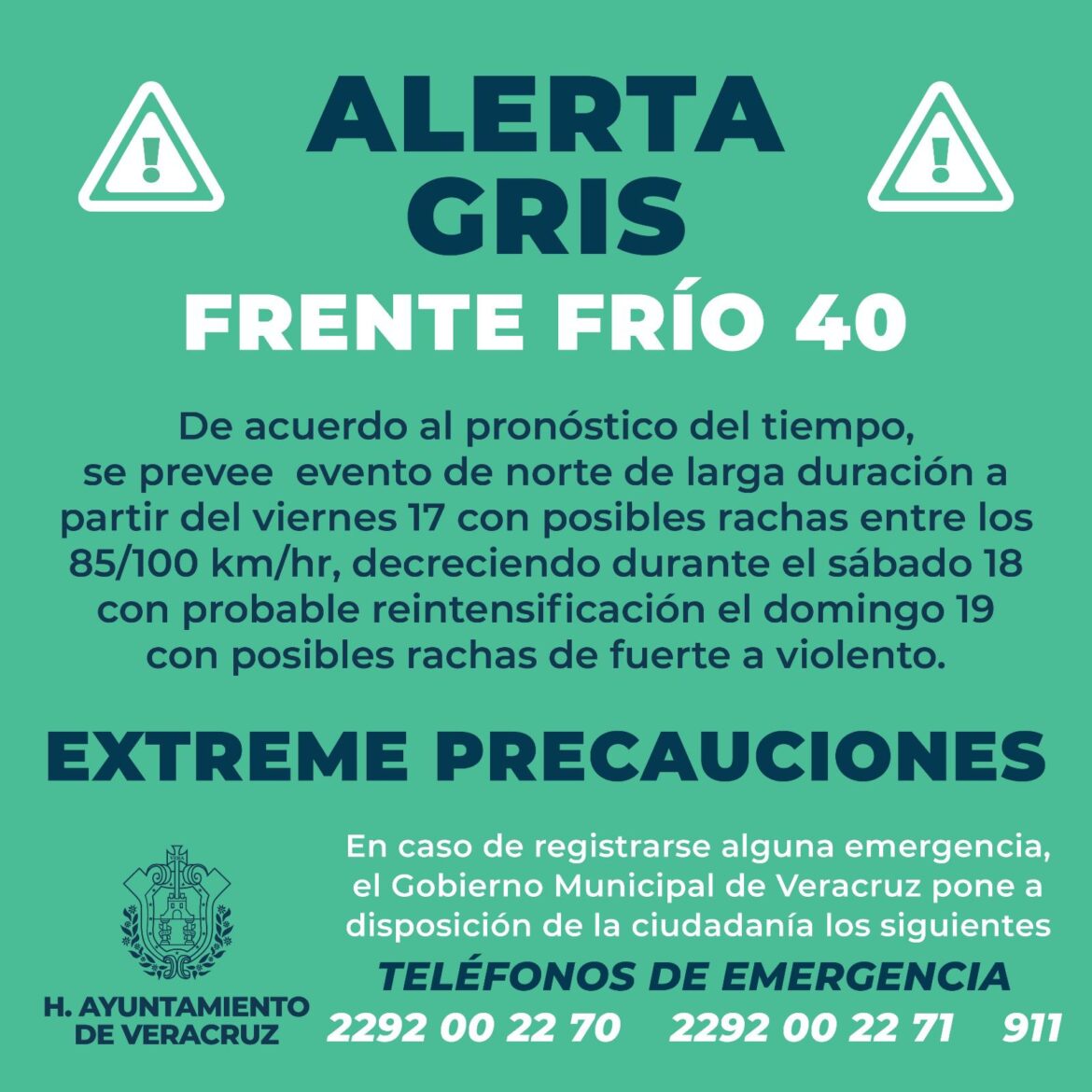 Alerta Gris por la entrada del Frente Frío No. 40 en el Puerto de Veracruz