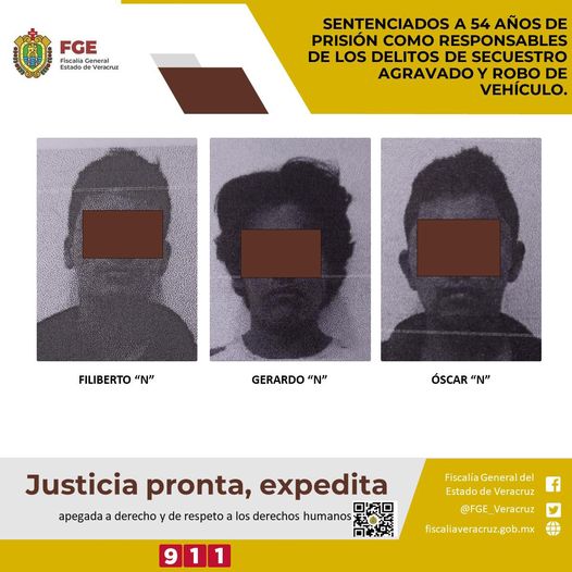 Sentenciados a 54 años de prisión como responsables de los delitos de secuestro agravado y robo de vehículo